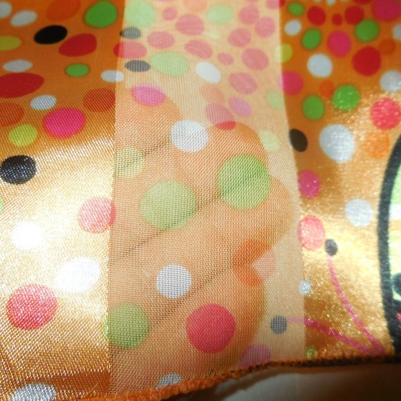 Scarf 19.5" Square Satin Chiffon Orange Polka Dot Butterflies Print - Picture 4 of 5